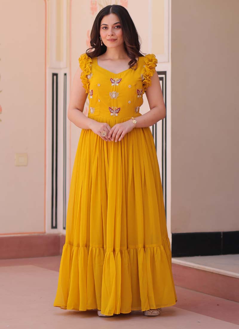 Prazu Fashion Yellow Georgette Embroidered Designer Gown - Distacart