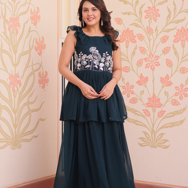 Prazu Fashion Rama Georgette Embroidered Designer Gown - Distacart