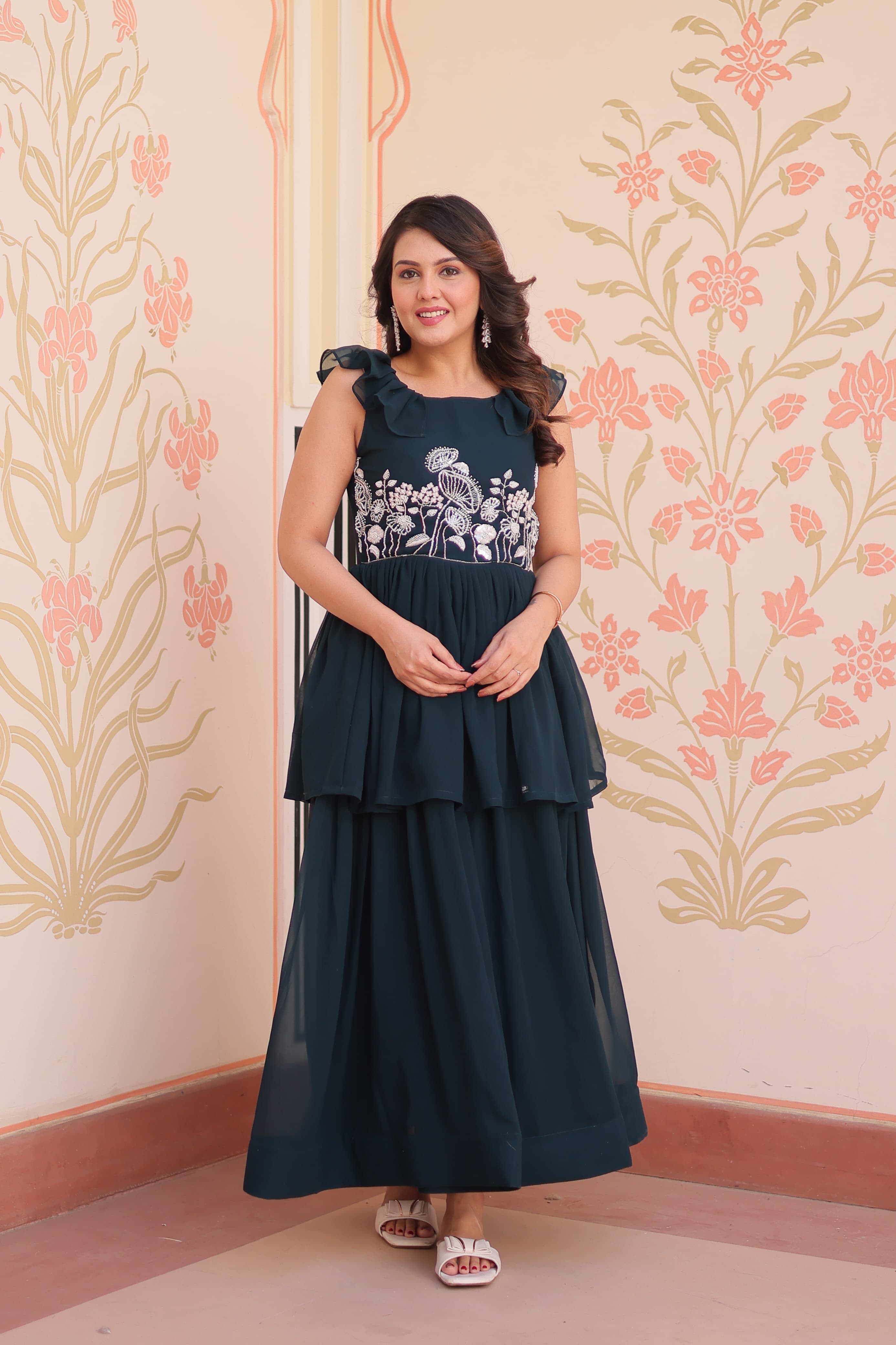 Prazu Fashion Rama Georgette Embroidered Designer Gown - Distacart