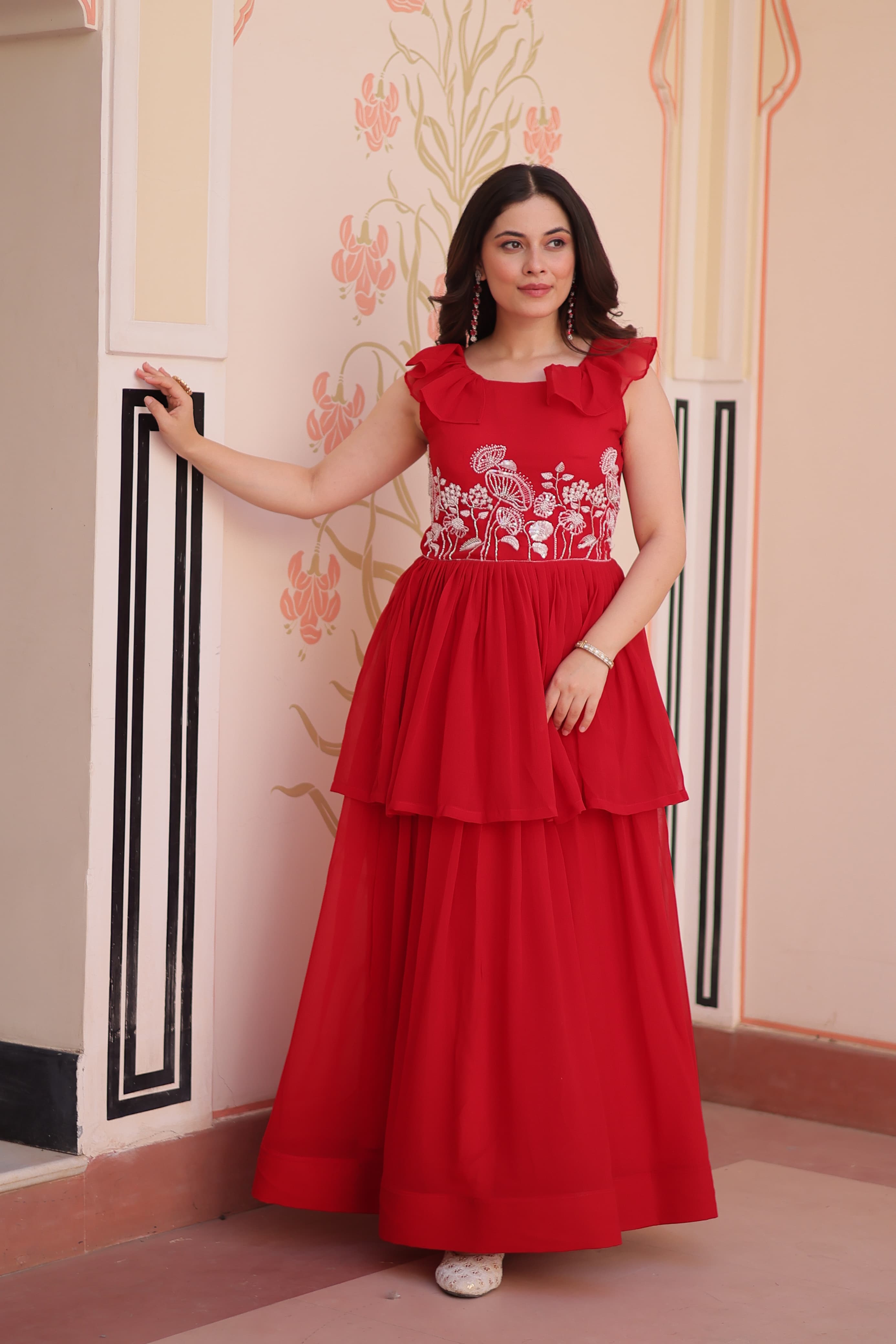 Prazu Fashion Red Georgette Embroidered Designer Gown