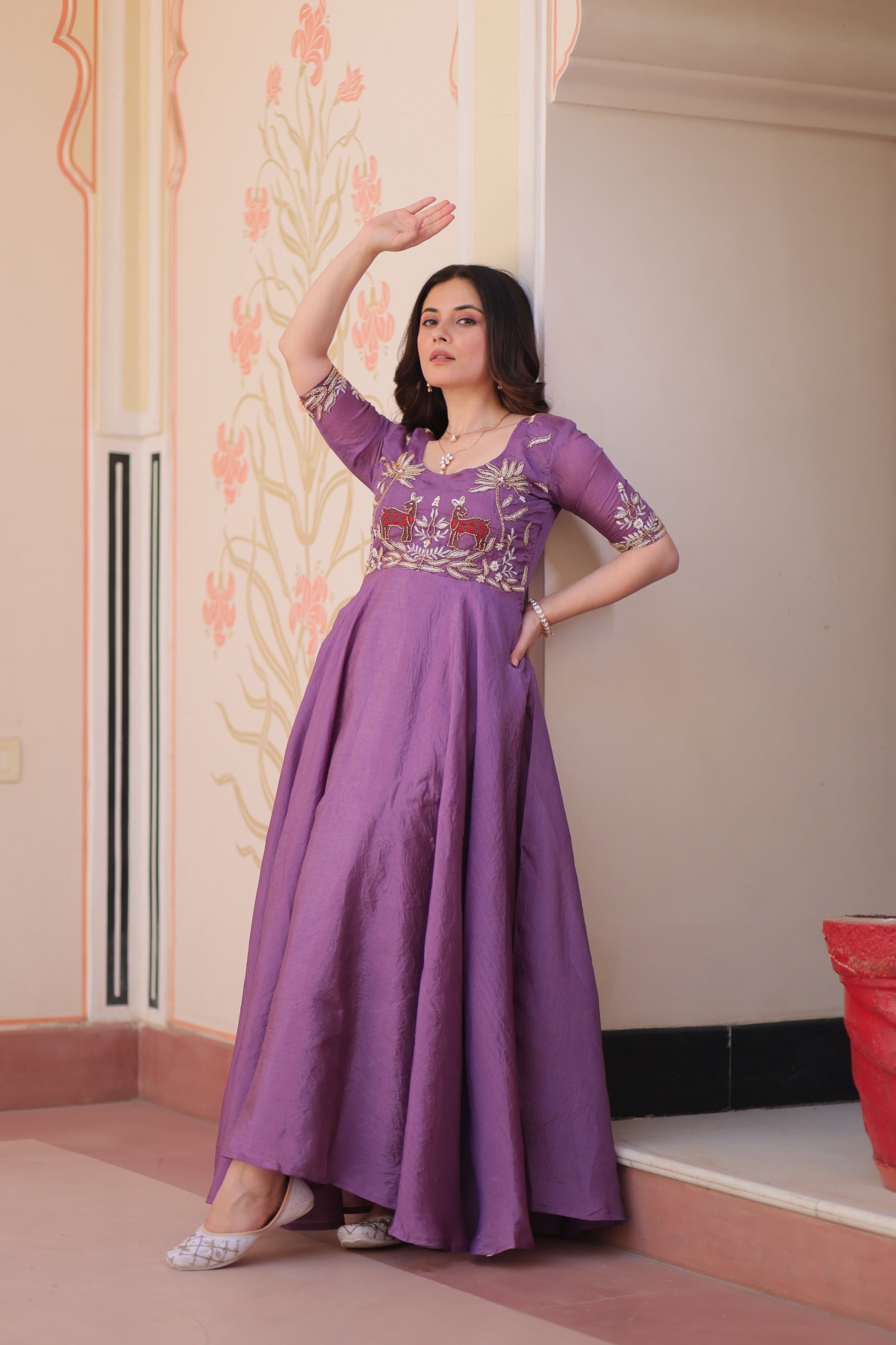 Prazu Fashion Lavender Gold Crush With Beads Embroidered Work Gown