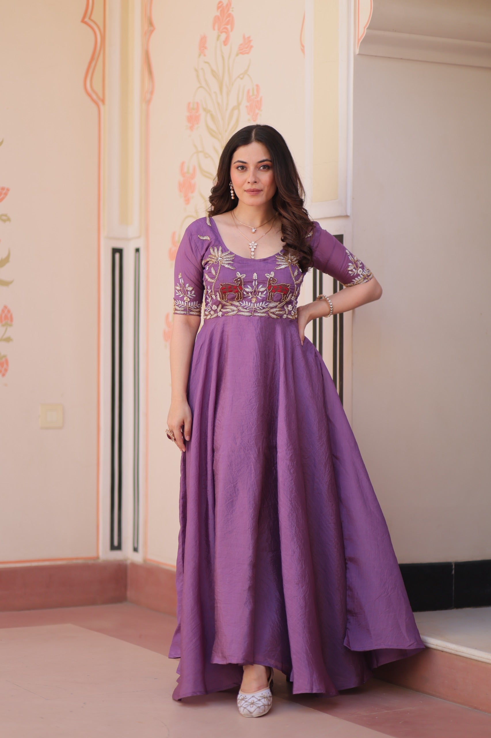 Prazu Fashion Lavender Gold Crush With Beads Embroidered Work Gown