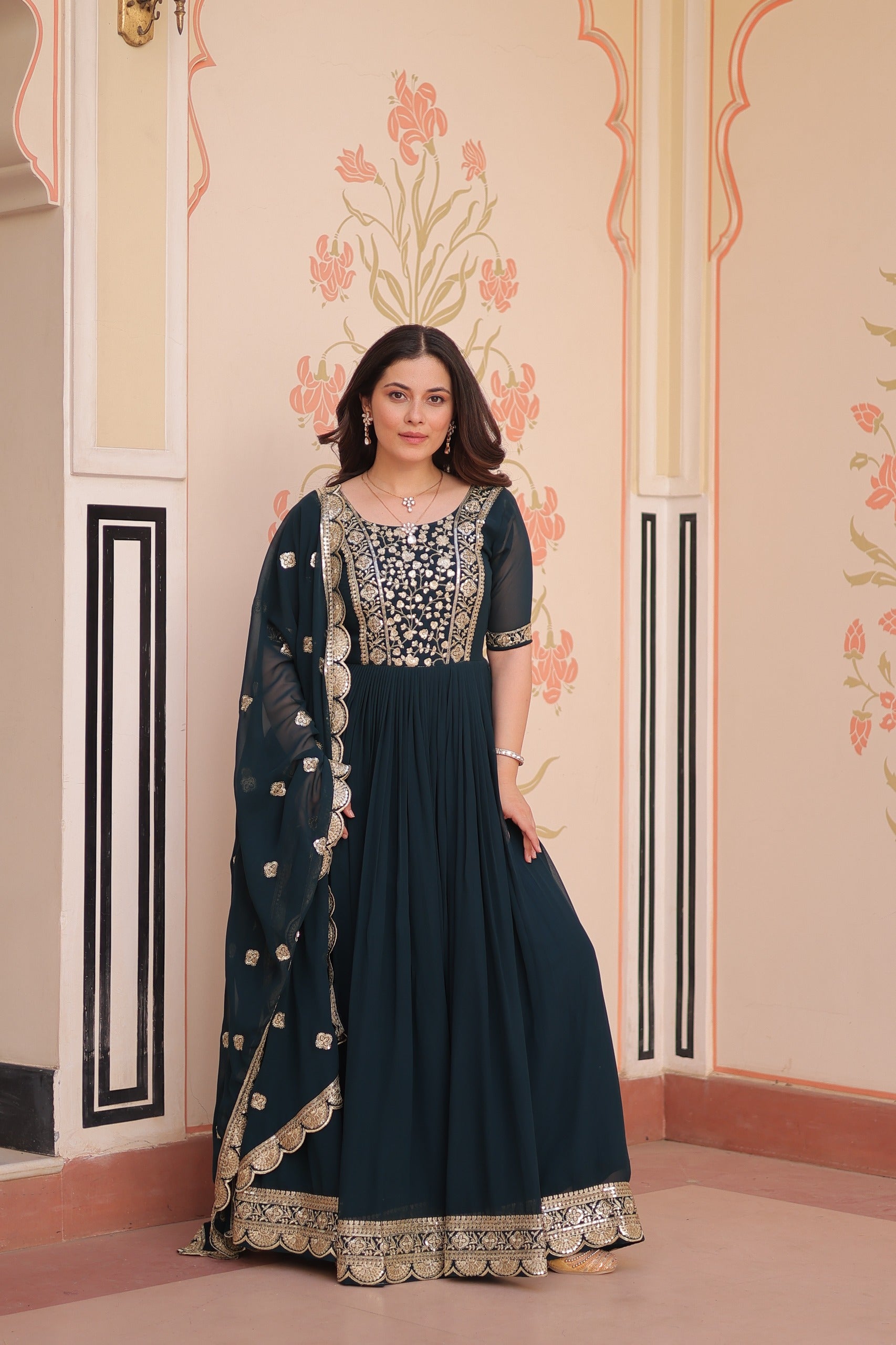 Prazu Fashion Rama Georgette Embroidered Gown With Dupatta