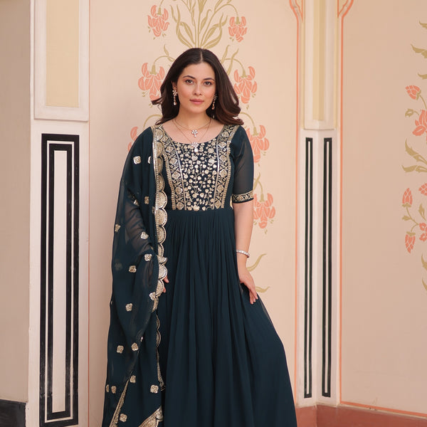 Prazu Fashion Rama Georgette Embroidered Gown With Dupatta - Distacart