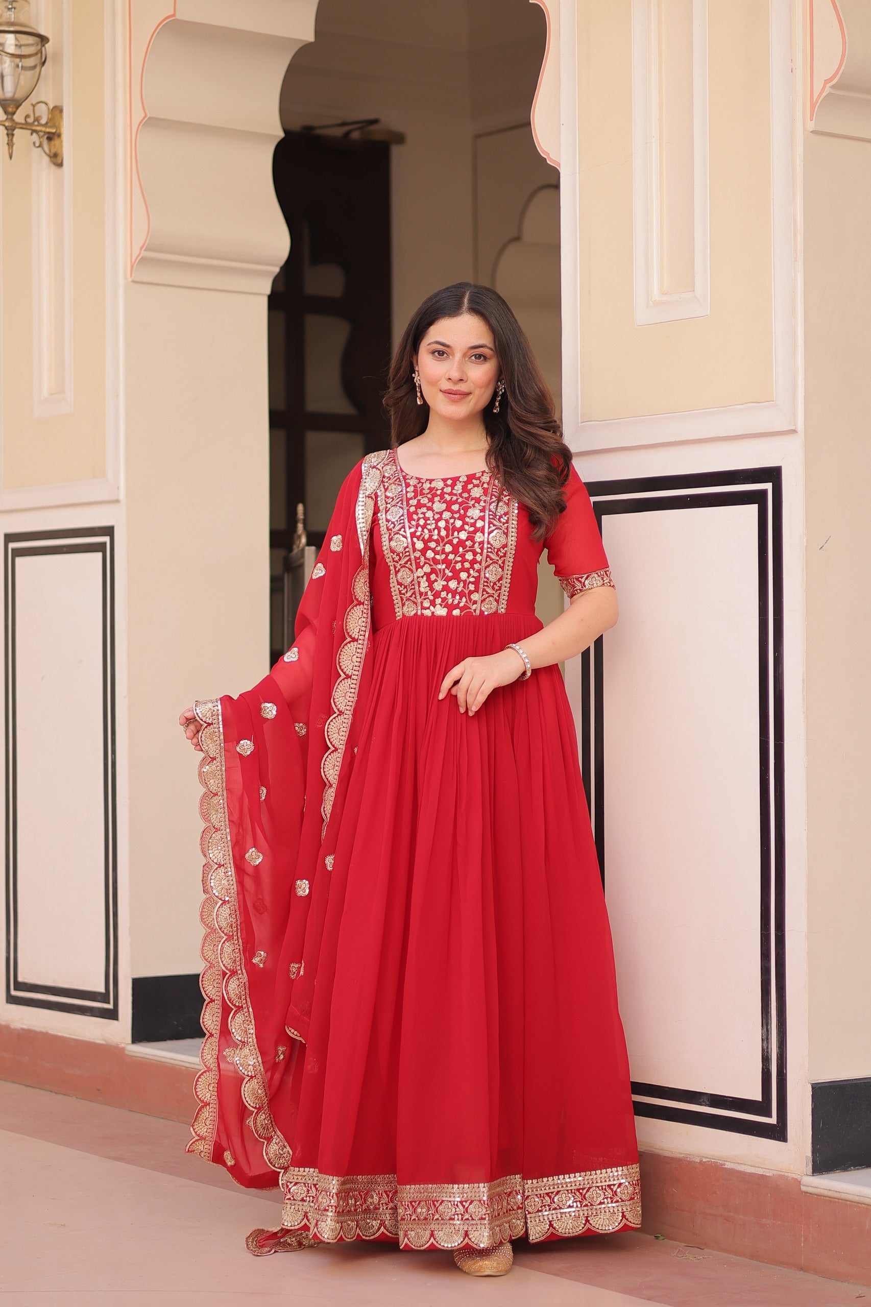 Prazu Fashion Red Georgette Embroidered Gown With Dupatta