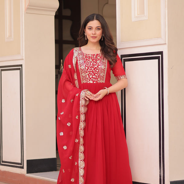 Prazu Fashion Red Georgette Embroidered Gown With Dupatta - Distacart