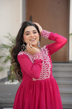 Thumbnail for Prazu Fashion Pink Georgette Embroidered Designer Gown