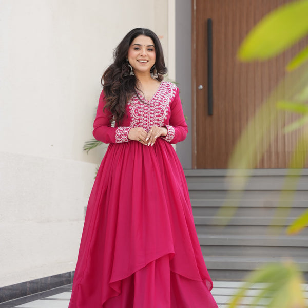 Prazu Fashion Pink Georgette Embroidered Designer Gown - Distacart