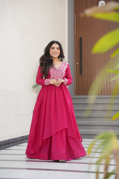 Prazu Fashion Pink Georgette Embroidered Designer Gown