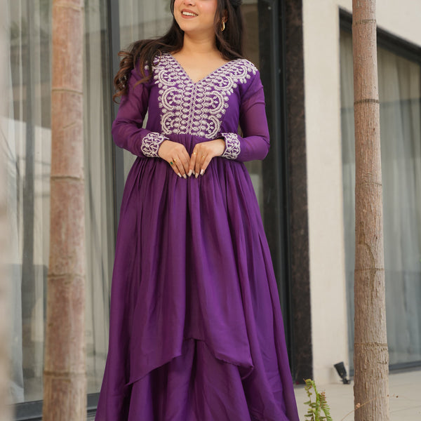 Prazu Fashion Purple Georgette Embroidered Designer Gown - Distacart