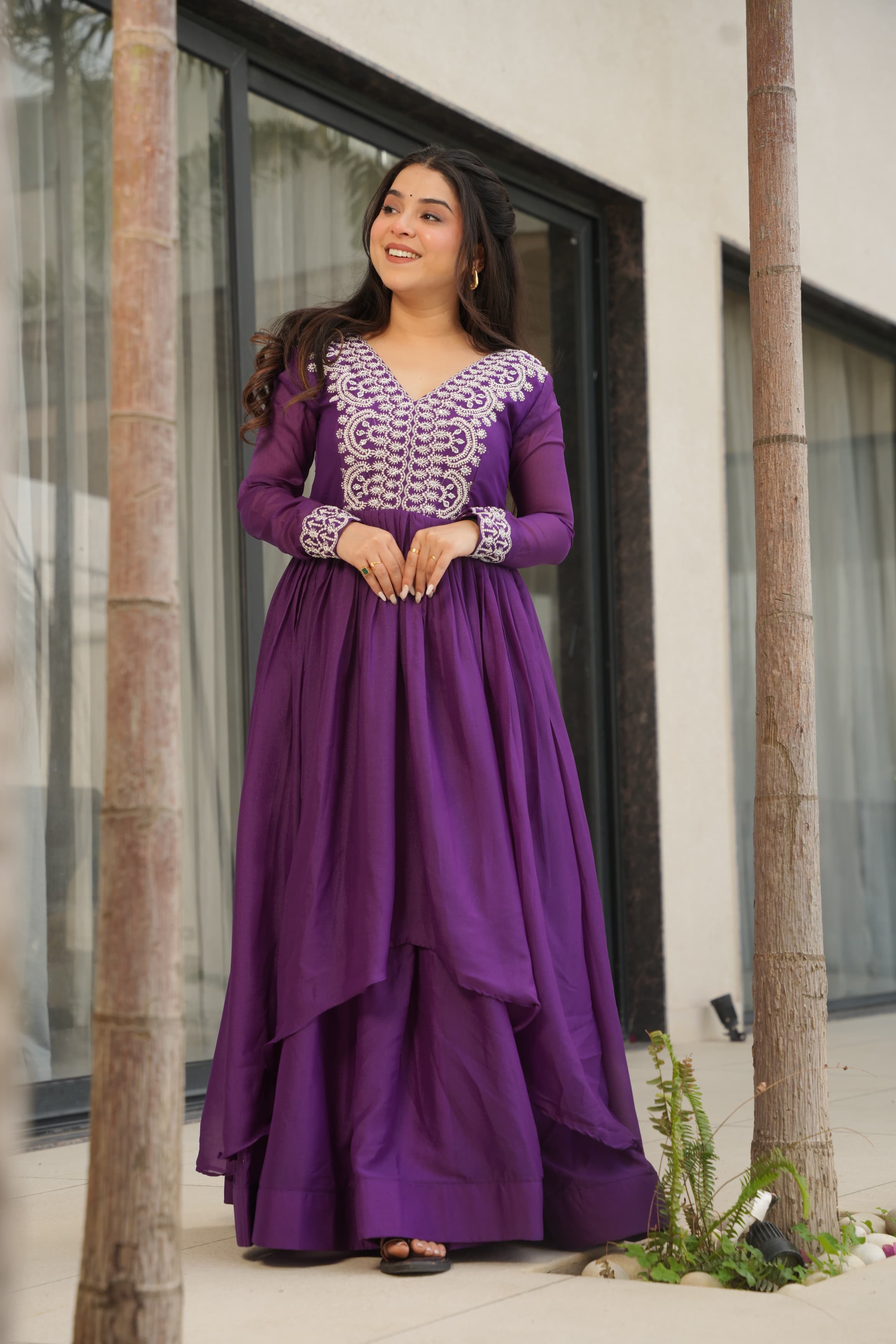 Prazu Fashion Purple Georgette Embroidered Designer Gown - Distacart