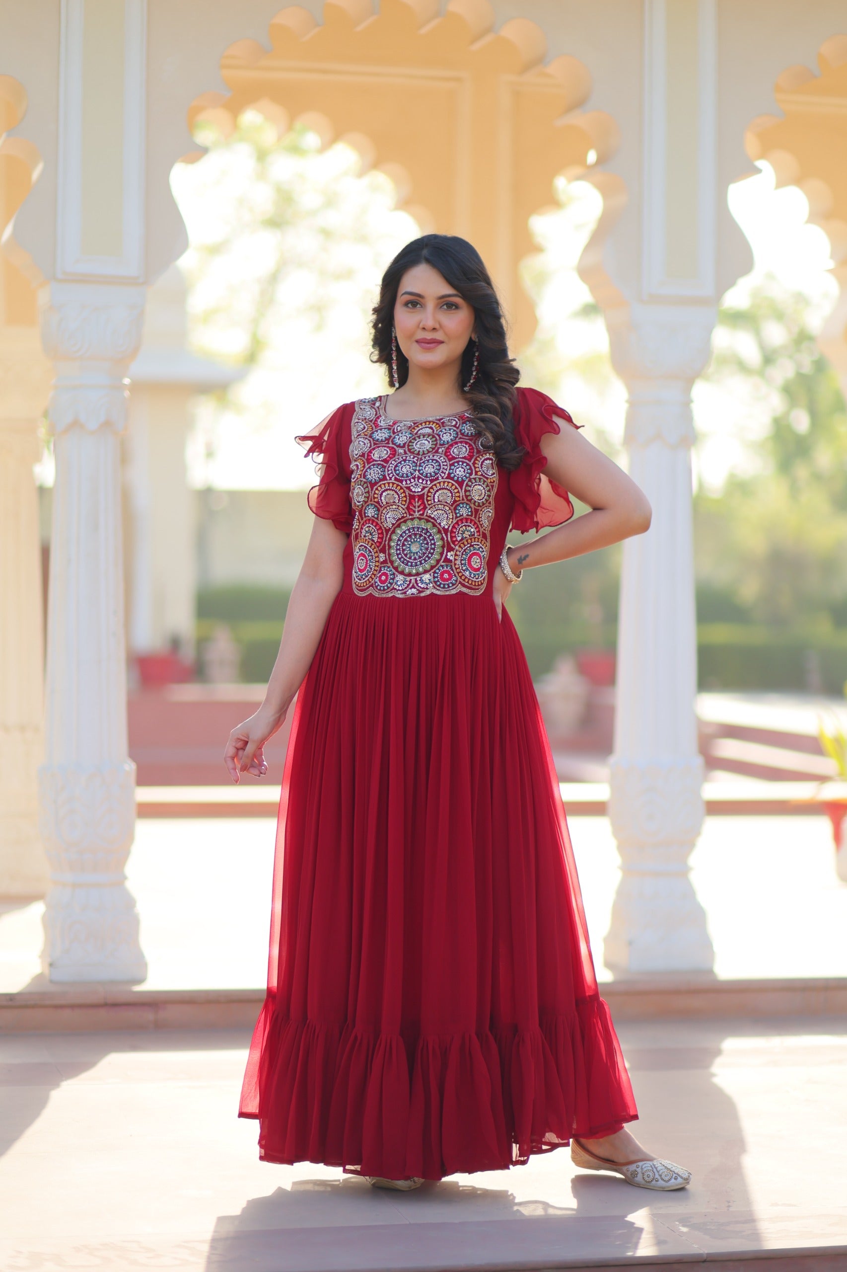 Prazu Fashion Maroon Georgette Beads And Sequins Embroidered Gown - Distacart