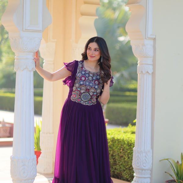 Prazu Fashion Purple Georgette Beads And Sequins Embroidered Gown - Distacart