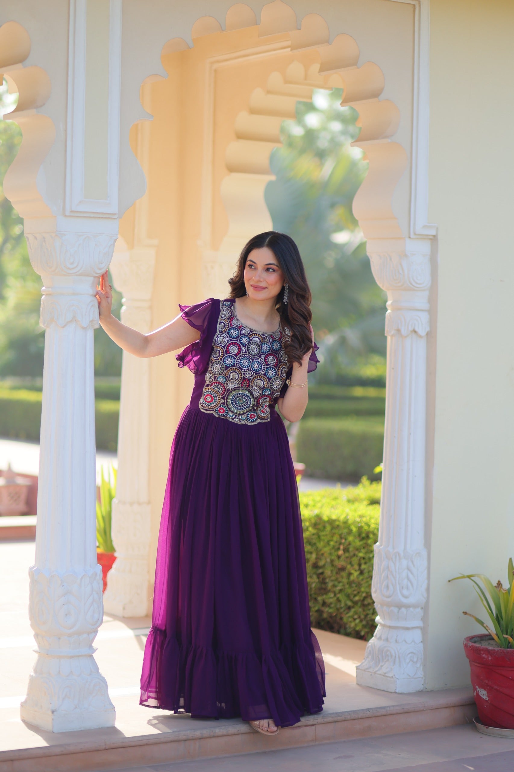 Prazu Fashion Purple Georgette Beads And Sequins Embroidered Gown - Distacart