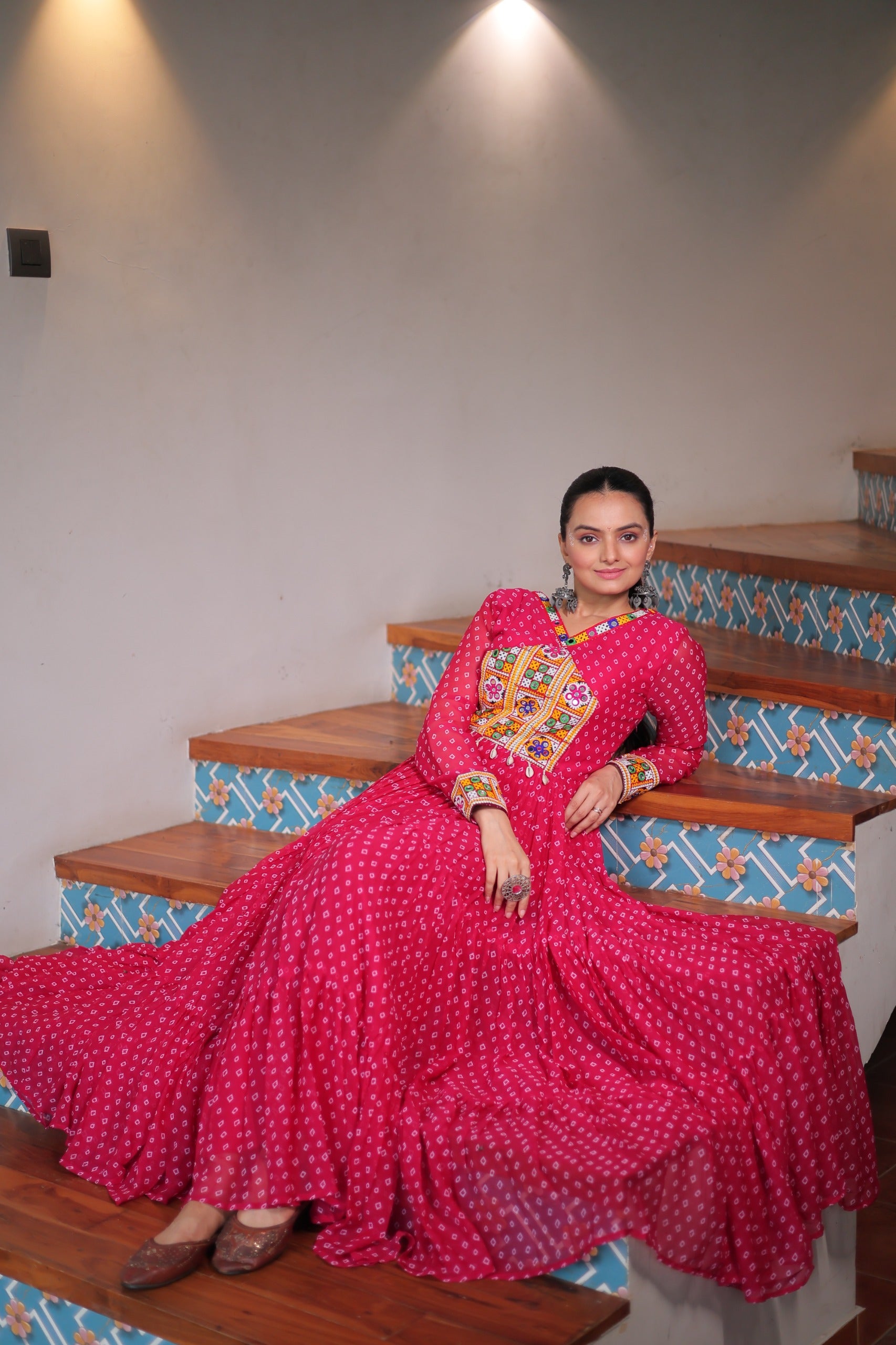 Prazu Fashion Pink Georgette Bandhani Printed With Kutchi Patchework Navaratri Gown - Distacart