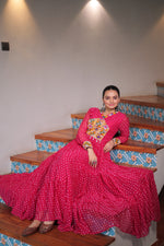 Thumbnail for Prazu Fashion Pink Georgette Bandhani Printed With Kutchi Patchework Navaratri Gown