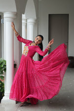 Thumbnail for Prazu Fashion Pink Georgette Bandhani Printed With Kutchi Patchework Navaratri Gown