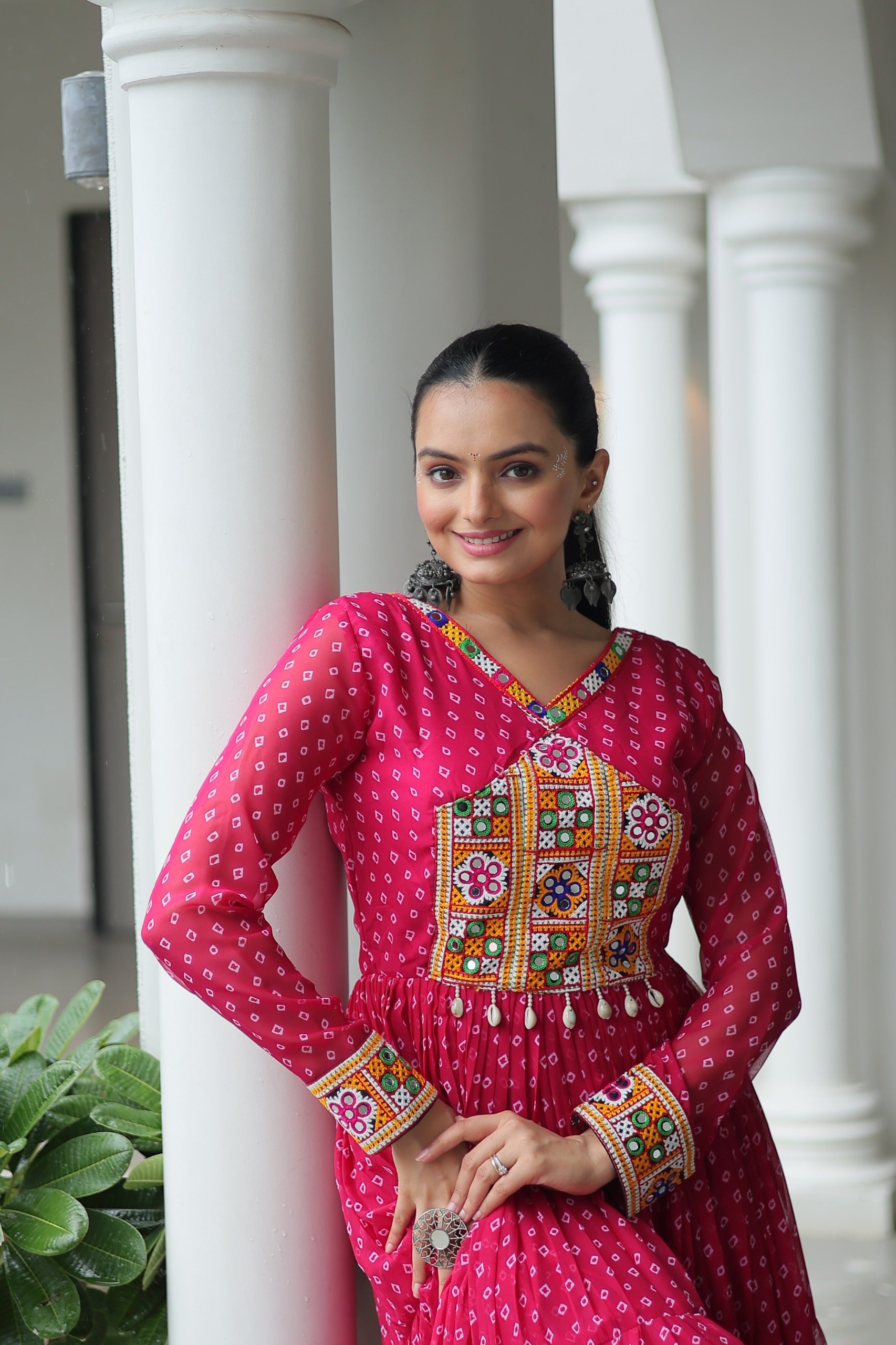 Prazu Fashion Pink Georgette Bandhani Printed With Kutchi Patchework Navaratri Gown