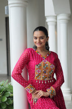 Thumbnail for Prazu Fashion Pink Georgette Bandhani Printed With Kutchi Patchework Navaratri Gown