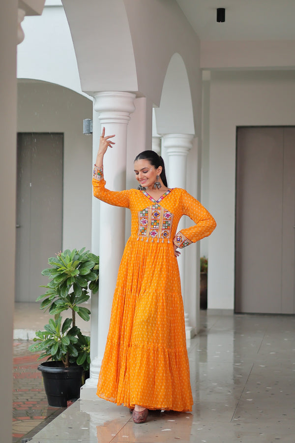 Prazu Fashion Yellow Georgette Bandhani Printed With Kutchi Patchework Navaratri Gown