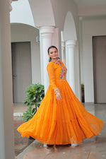 Thumbnail for Prazu Fashion Yellow Georgette Bandhani Printed With Kutchi Patchework Navaratri Gown