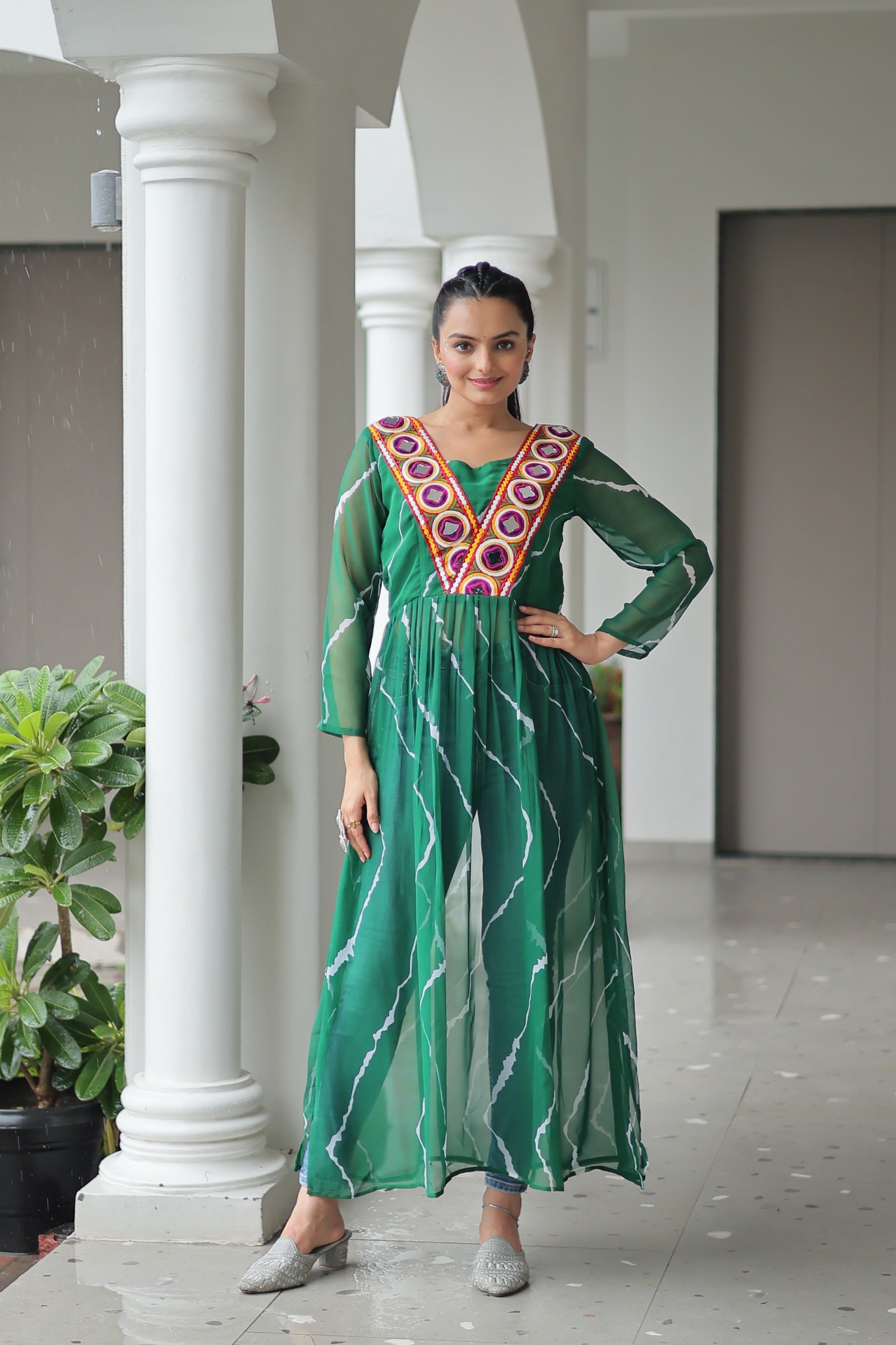Prazu Fashion Green Georgette Leheriya Printed With Kutchi Patchework Navaratri Gown - Distacart