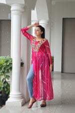 Thumbnail for Prazu Fashion Pink Georgette Leheriya Print Work With Kutchi Patchework Navaratri Gown
