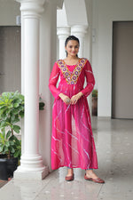 Thumbnail for Prazu Fashion Pink Georgette Leheriya Print Work With Kutchi Patchework Navaratri Gown