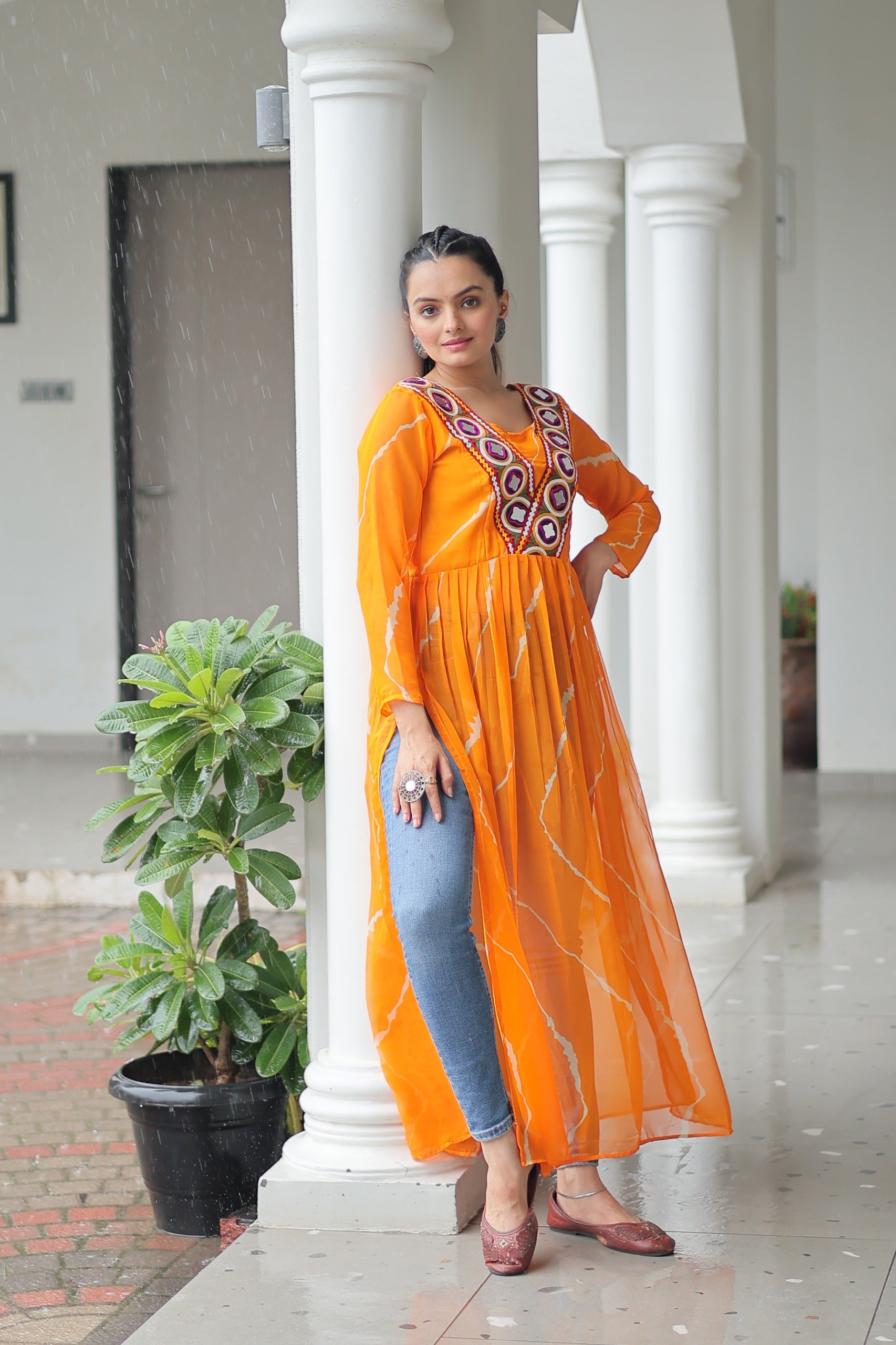 Prazu Fashion Yellow Georgette Leheriya Print Work With Kutchi Patchework Navaratri Gown - Distacart