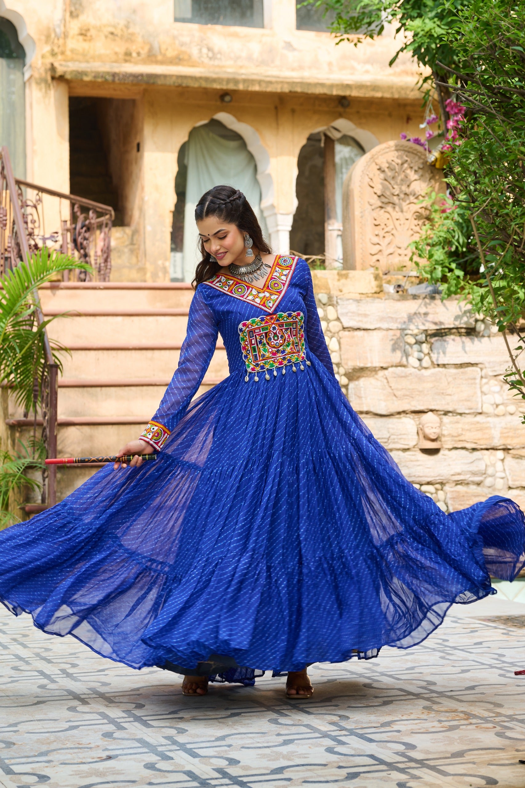 Prazu Fashion Blue Georgette Leheriya Print Work With Kutchi Patchework Navaratri Gown - Distacart