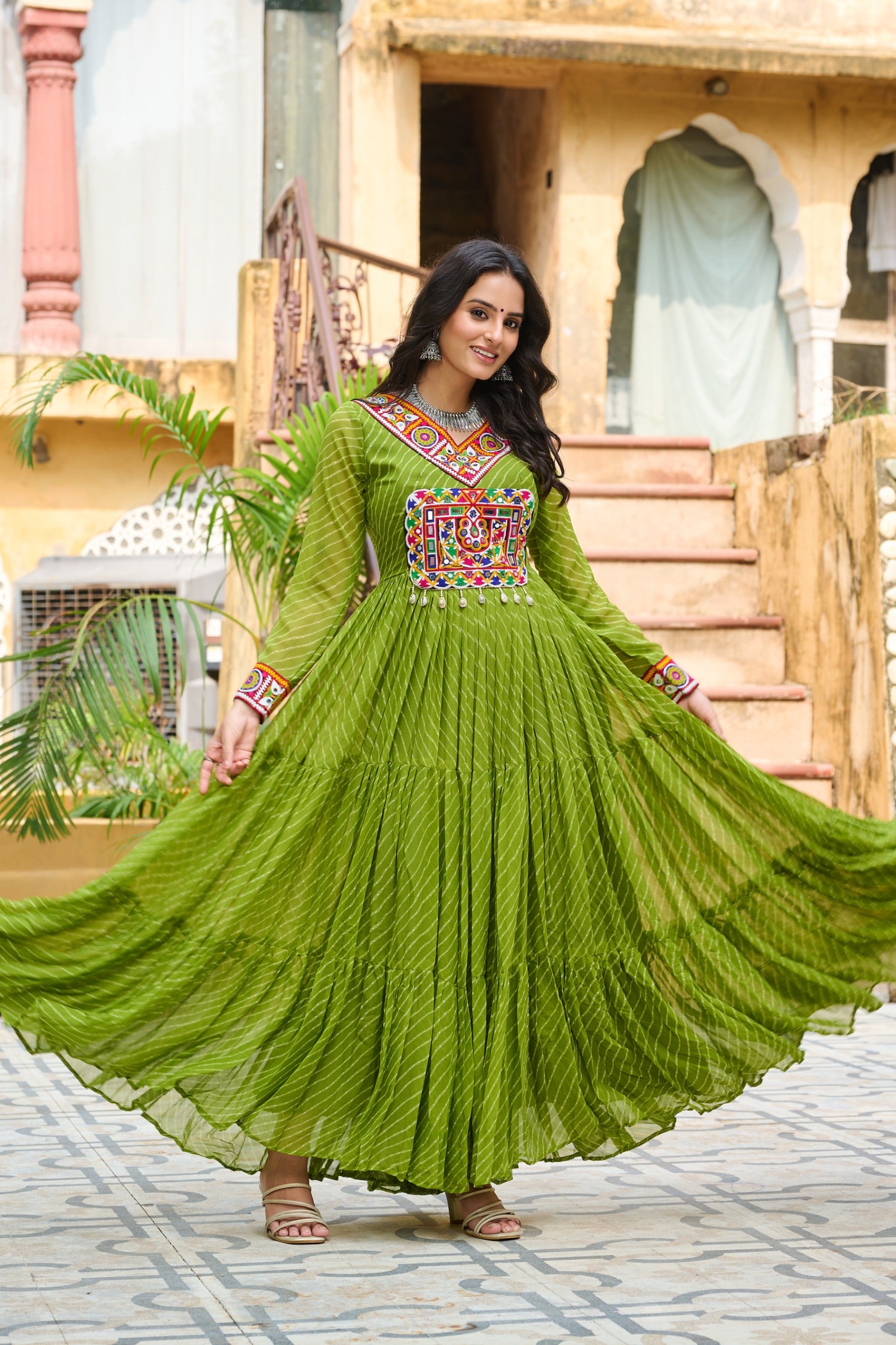 Prazu Fashion Parrot Georgette Leheriya Print Work With Kutchi Patchework Navaratri Gown - Distacart