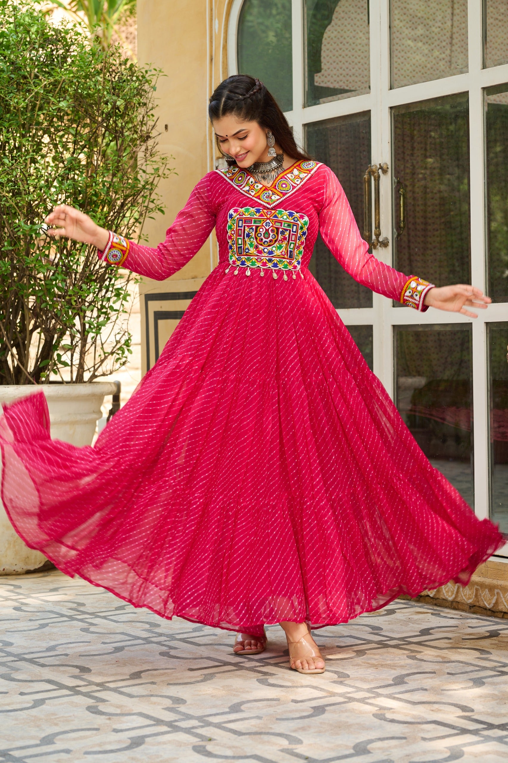 Prazu Fashion Pink Georgette Leheriya Print Work With Kutchi Patchework Navaratri Gown - Distacart