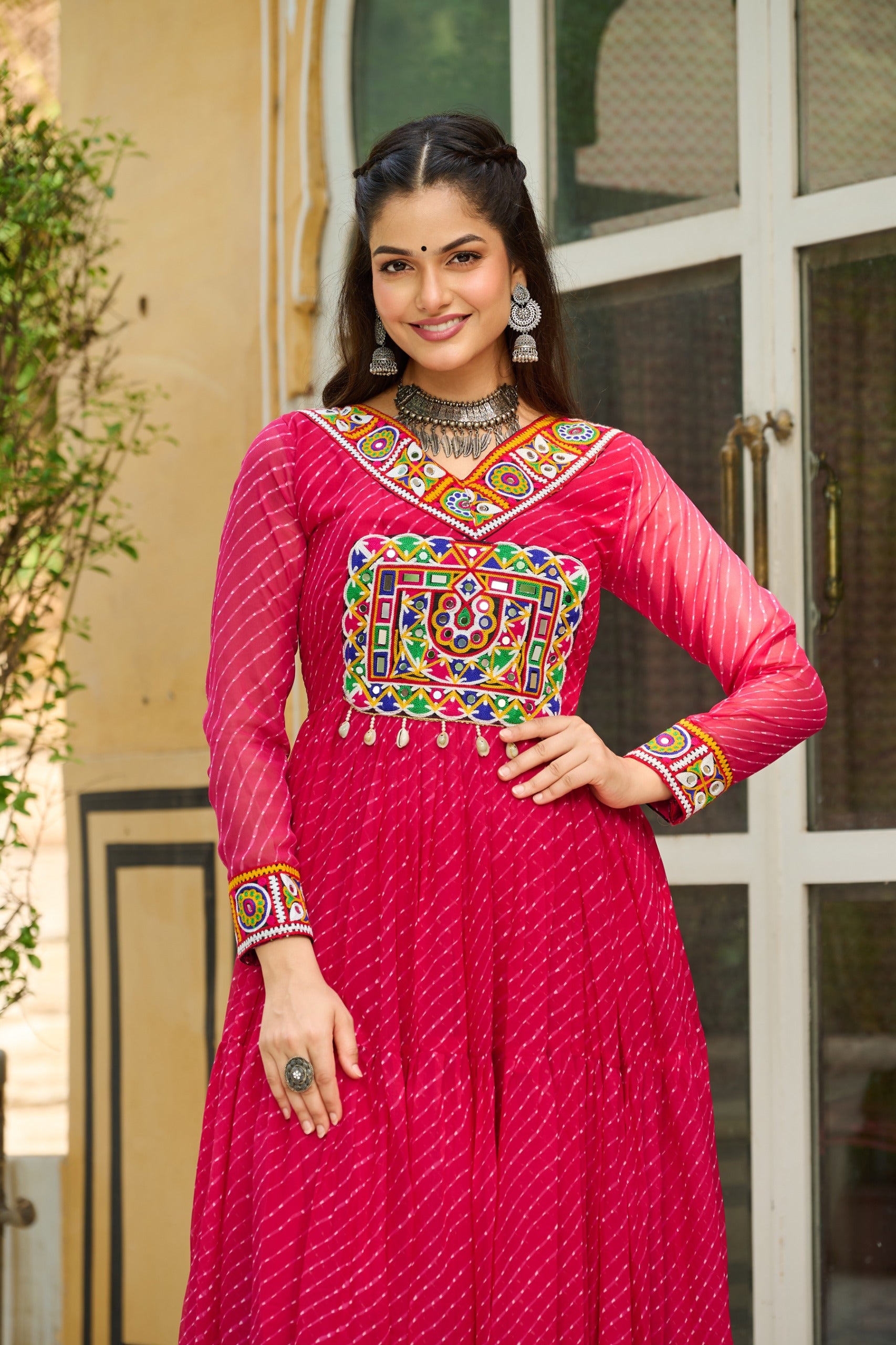 Prazu Fashion Pink Georgette Leheriya Print Work With Kutchi Patchework Navaratri Gown