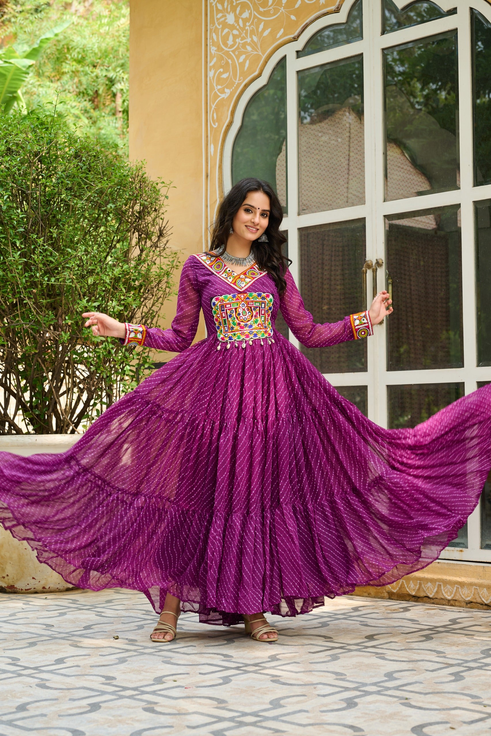Prazu Fashion Wine Georgette Leheriya Print Work With Kutchi Patchework Navaratri Gown - Distacart