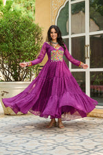 Thumbnail for Prazu Fashion Wine Georgette Leheriya Print Work With Kutchi Patchework Navaratri Gown