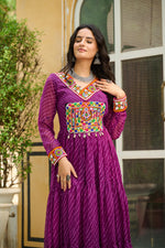 Thumbnail for Prazu Fashion Wine Georgette Leheriya Print Work With Kutchi Patchework Navaratri Gown
