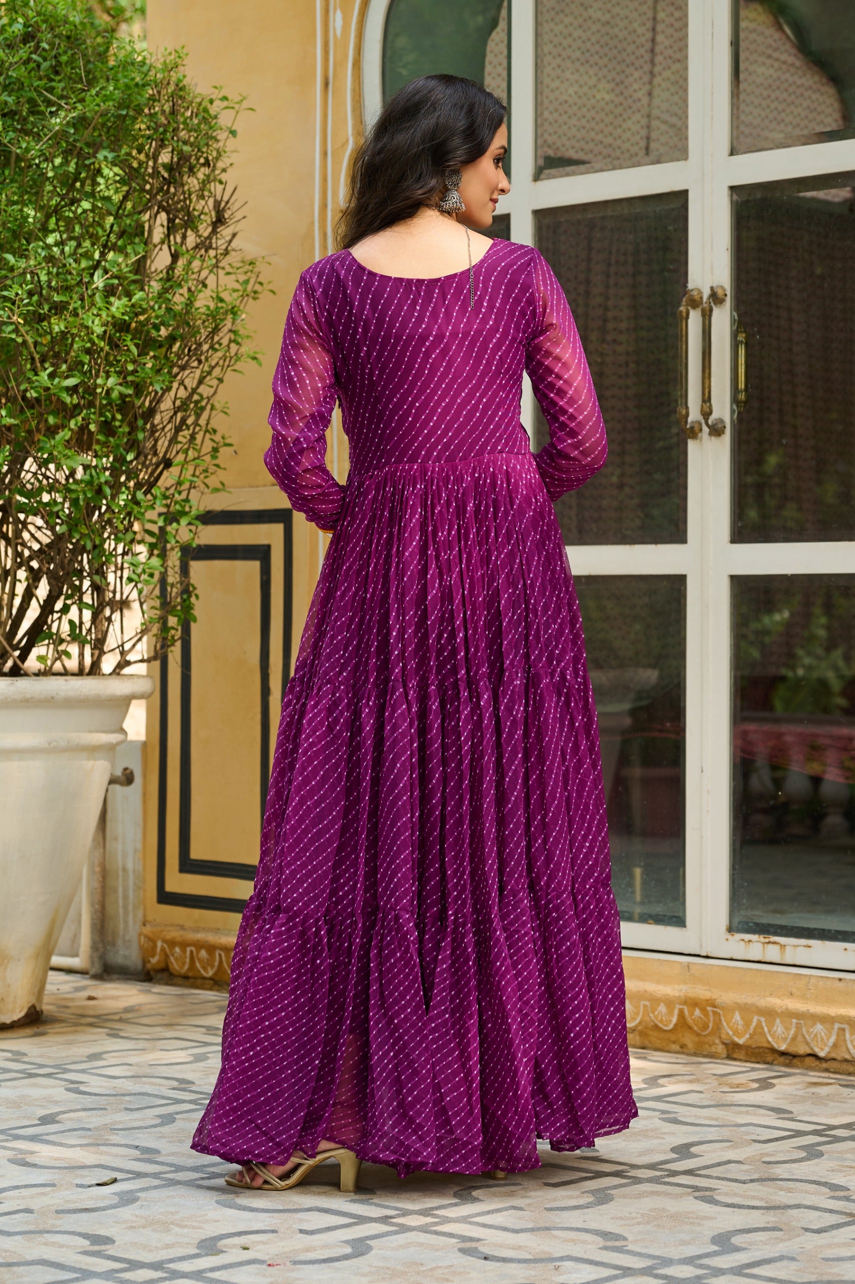 Prazu Fashion Wine Georgette Leheriya Print Work With Kutchi Patchework Navaratri Gown