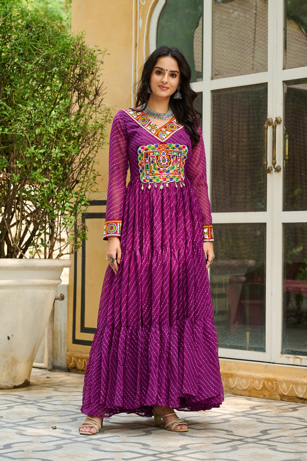 Prazu Fashion Wine Georgette Leheriya Print Work With Kutchi Patchework Navaratri Gown