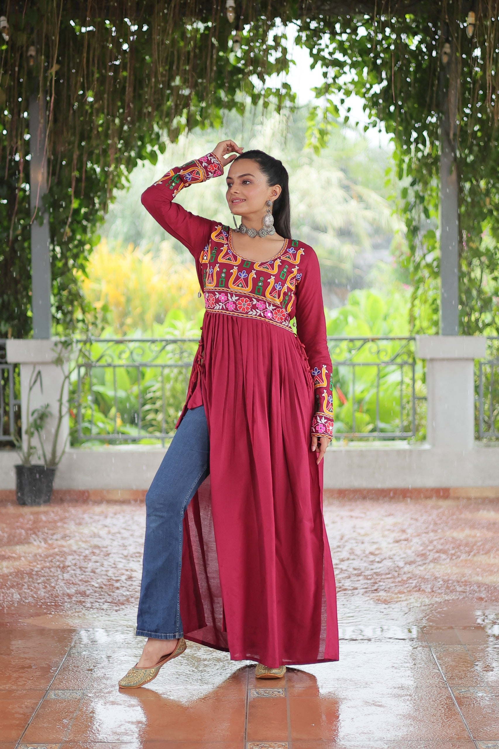 Prazu Fashion Maroon Reyon Kutchi Gamthi Work Navaratri Gown