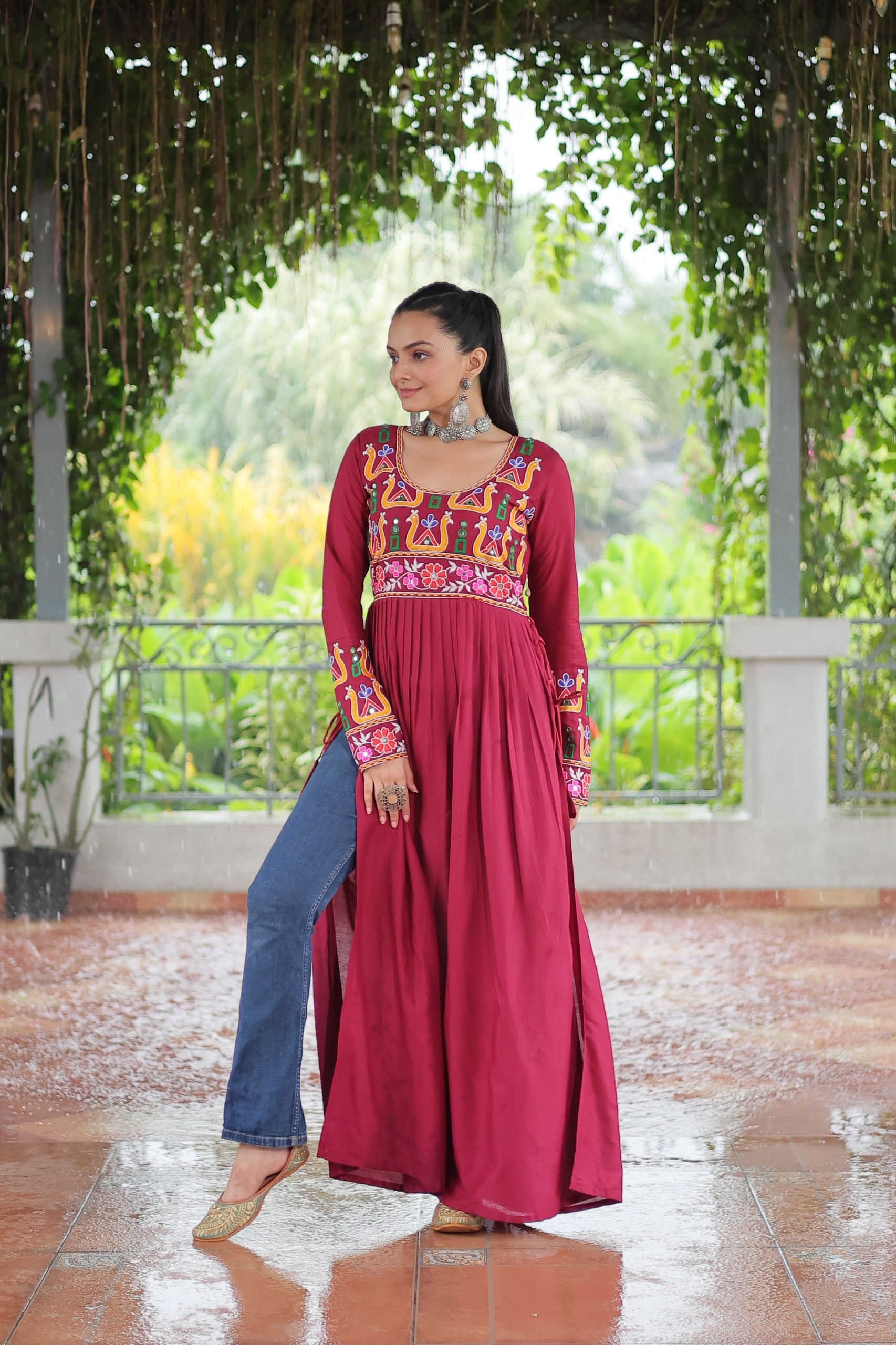 Prazu Fashion Maroon Reyon Kutchi Gamthi Work Navaratri Gown