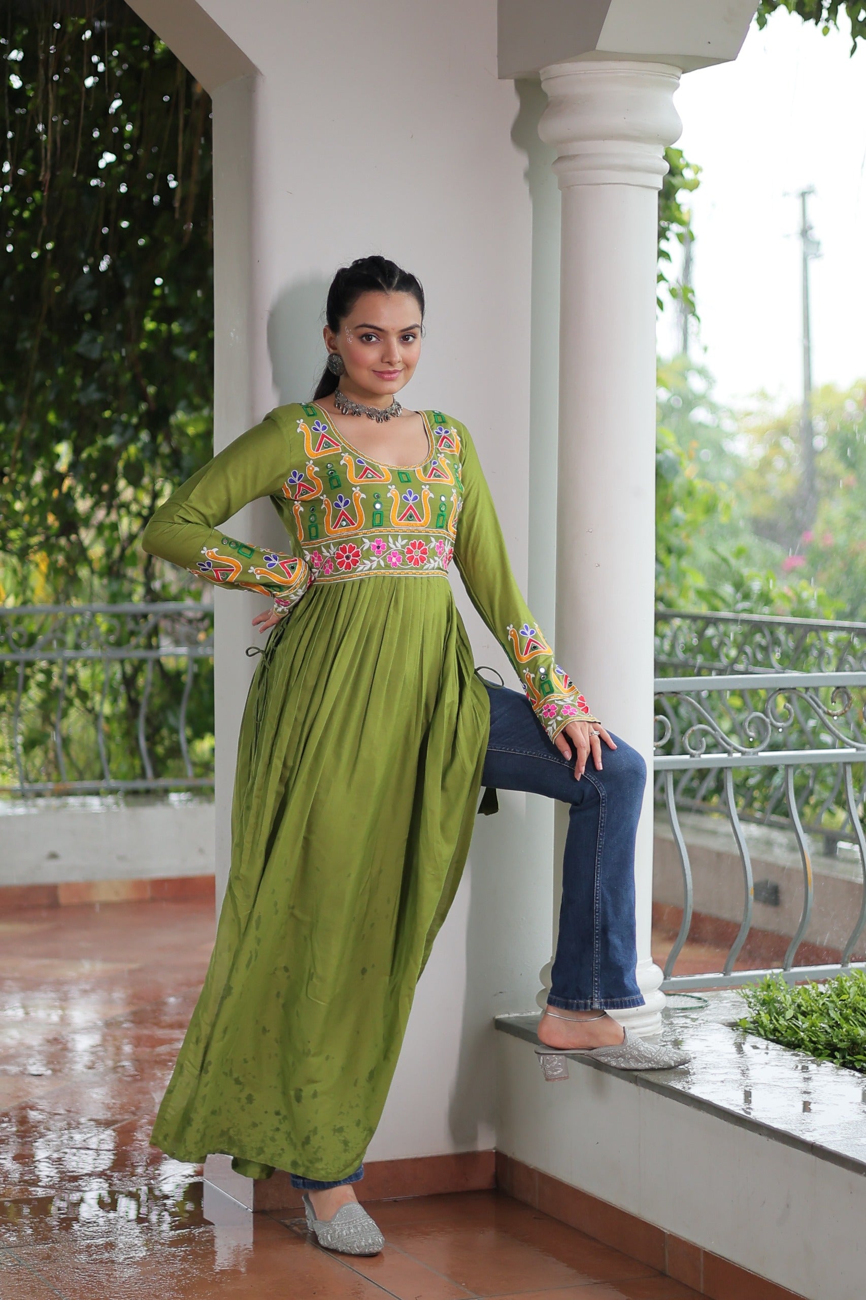 Prazu Fashion Parrot Reyon Kutchi Gamthi Work Navaratri Gown - Distacart