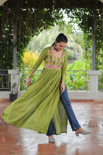 Thumbnail for Prazu Fashion Parrot Reyon Kutchi Gamthi Work Navaratri Gown