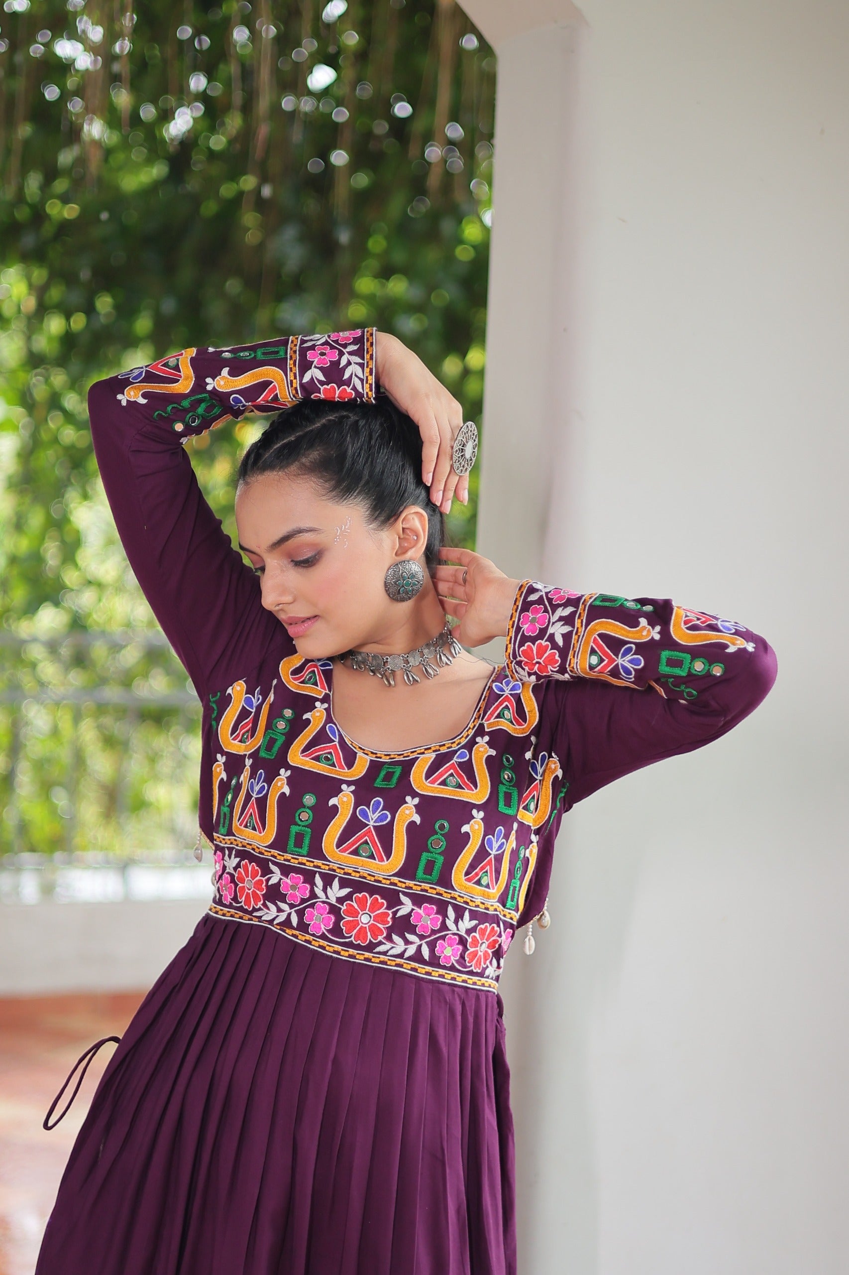 Prazu Fashion Wine Reyon Kutchi Gamthi Work Navaratri Gown
