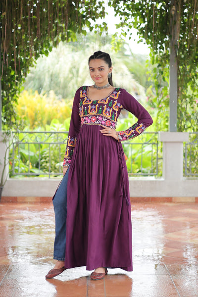 Prazu Fashion Wine Reyon Kutchi Gamthi Work Navaratri Gown