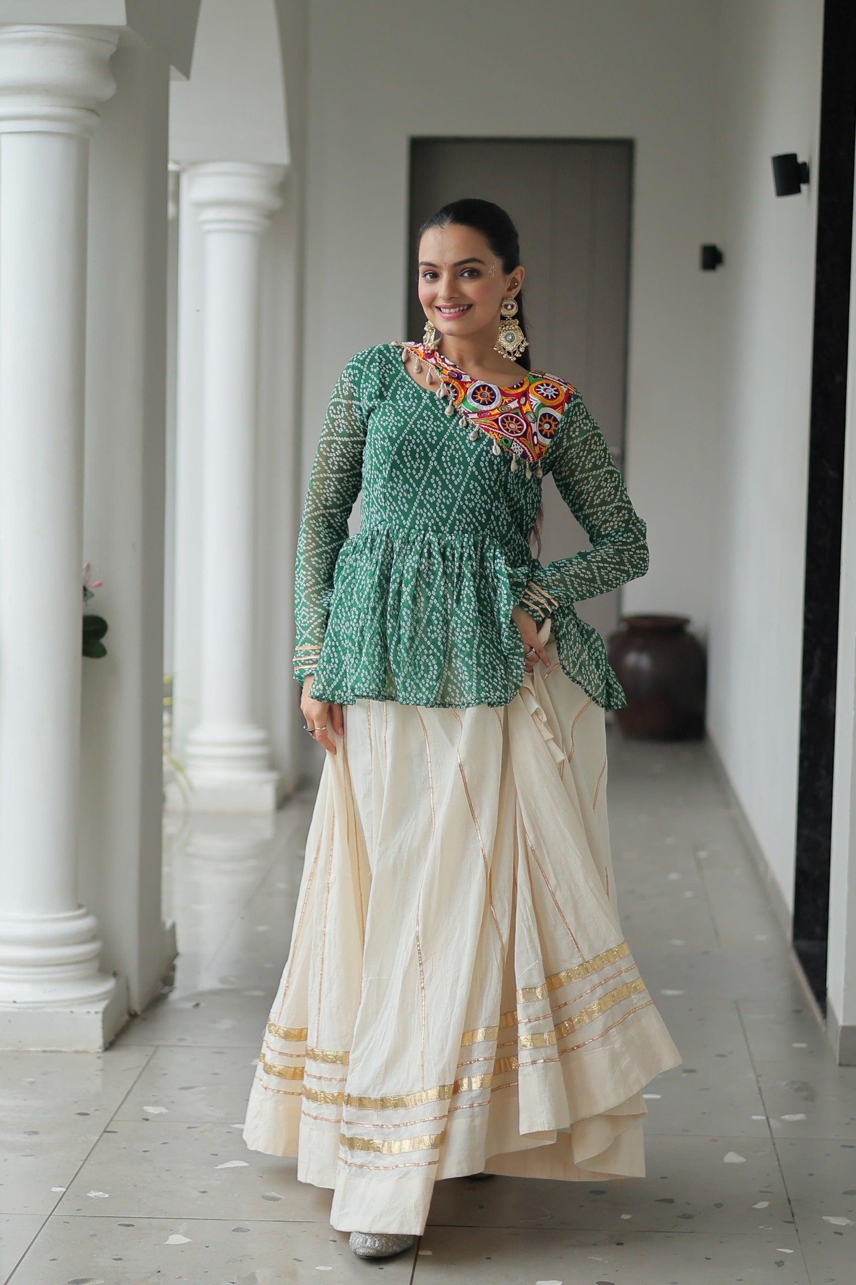 Prazu Fashion Green Bandhani Print Work With Kutchi Gamthi Patchework Navaratri Lehenga - Distacart