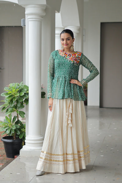 Prazu Fashion Green Bandhani Print Work With Kutchi Gamthi Patchework Navaratri Lehenga