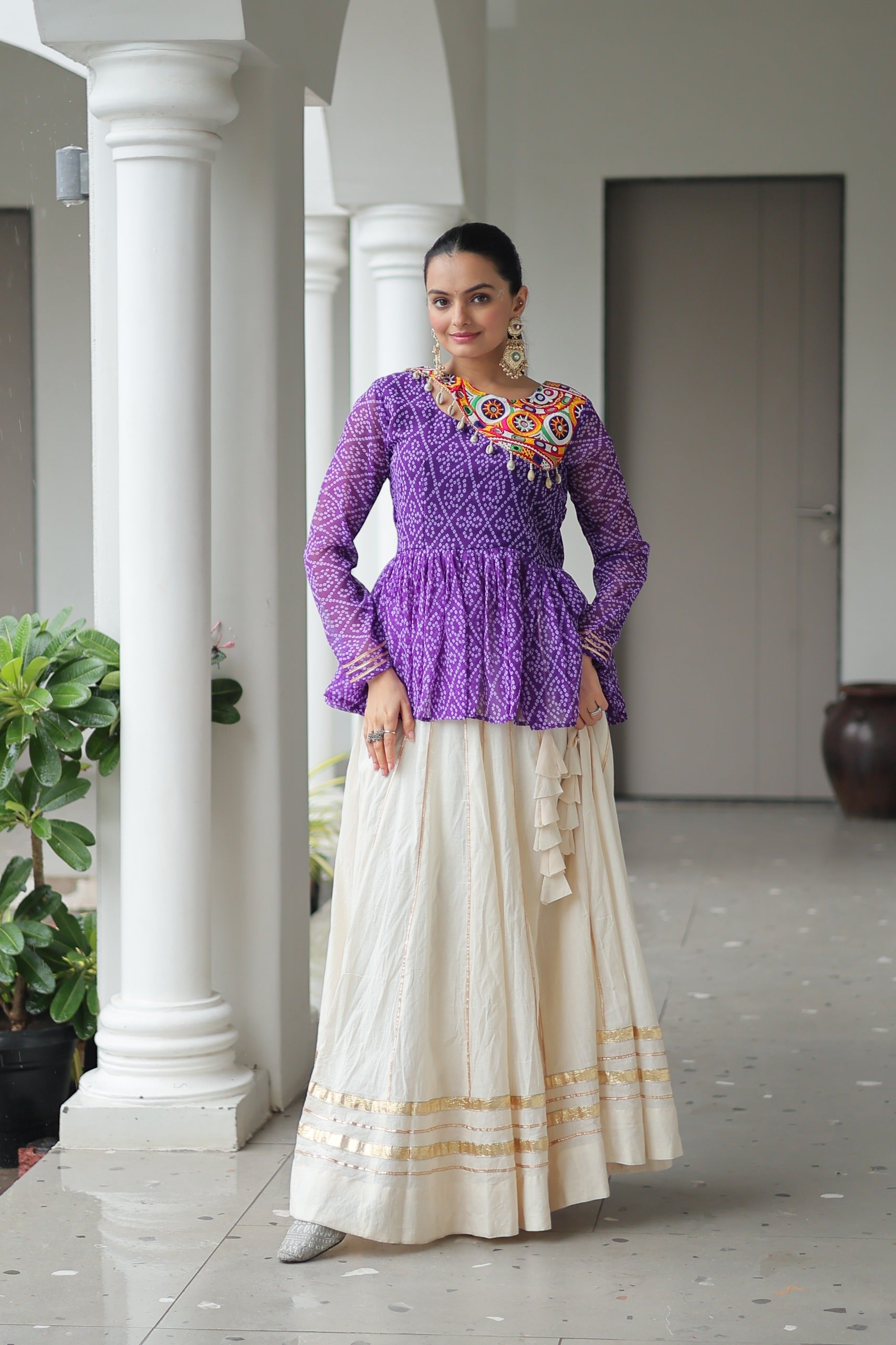 Prazu Fashion Violet Bandhani Print Work With Kutchi Gamthi Patchework Navaratri Lehenga - Distacart