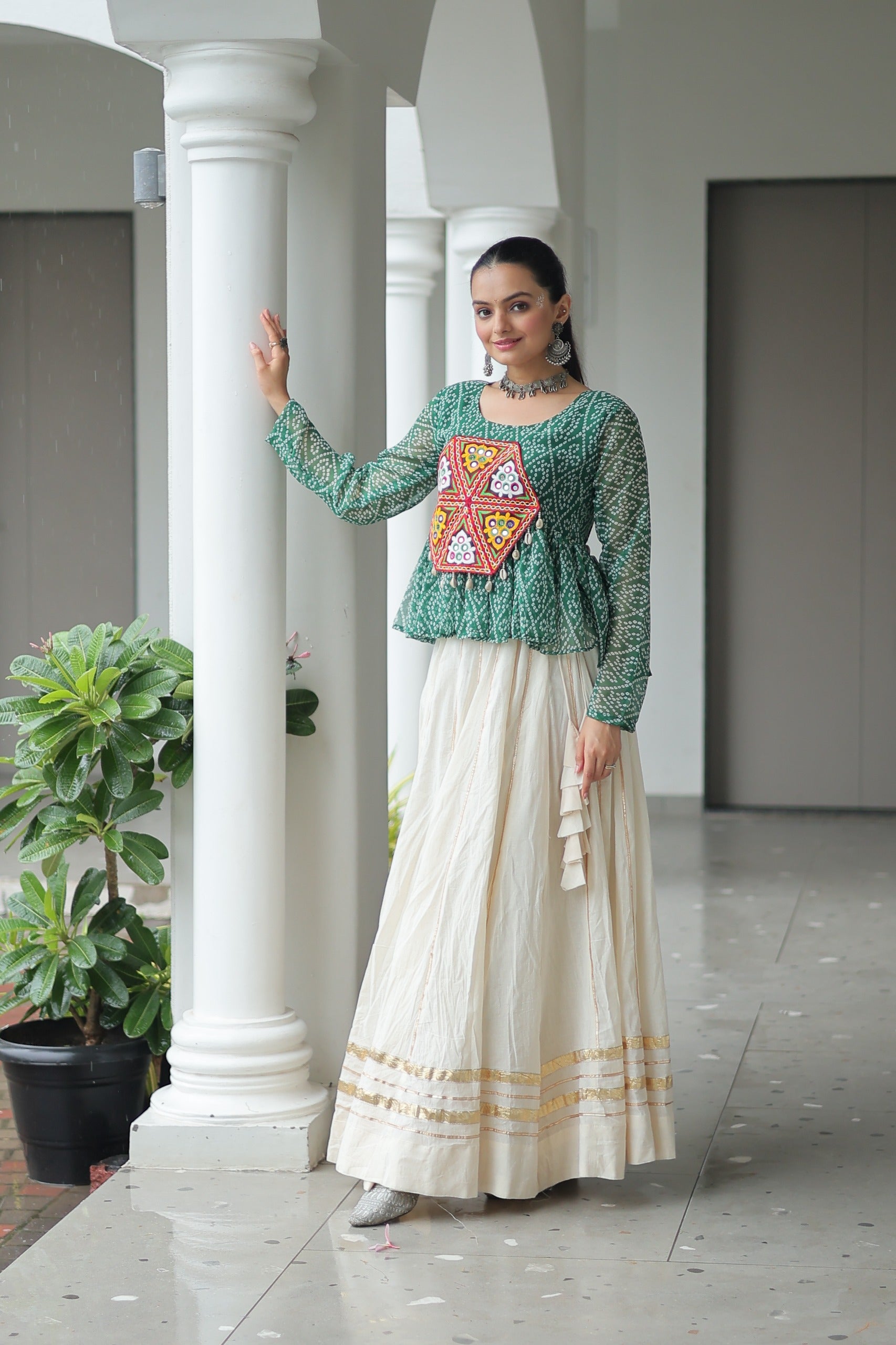 Prazu Fashion Green Georgette Bandhani Print With Kutchi Gamthi Patchwork Navratri Lehenga - Distacart
