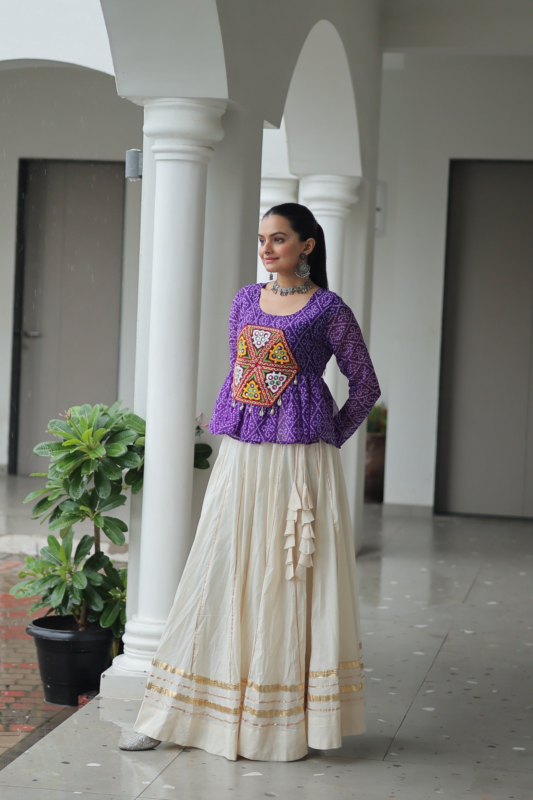 Prazu Fashion Violet Georgette Bandhani Print With Kutchi Gamthi Patchwork Navratri Lehenga - Distacart