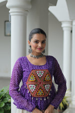 Thumbnail for Prazu Fashion Violet Georgette Bandhani Print With Kutchi Gamthi Patchwork Navratri Lehenga